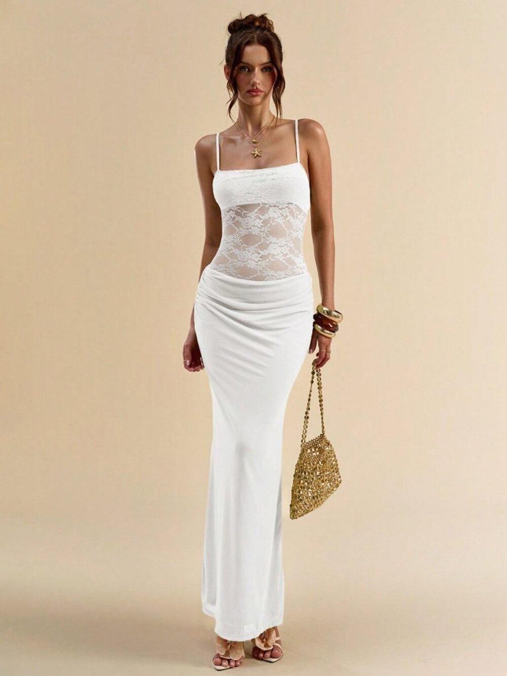 White Sexy Women's Lace Sheer Back Bodycon Spaghetti Strap maxi Dress